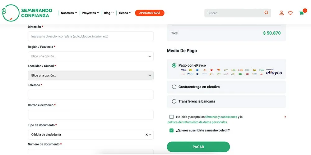Página interna de Sembrando Confianza